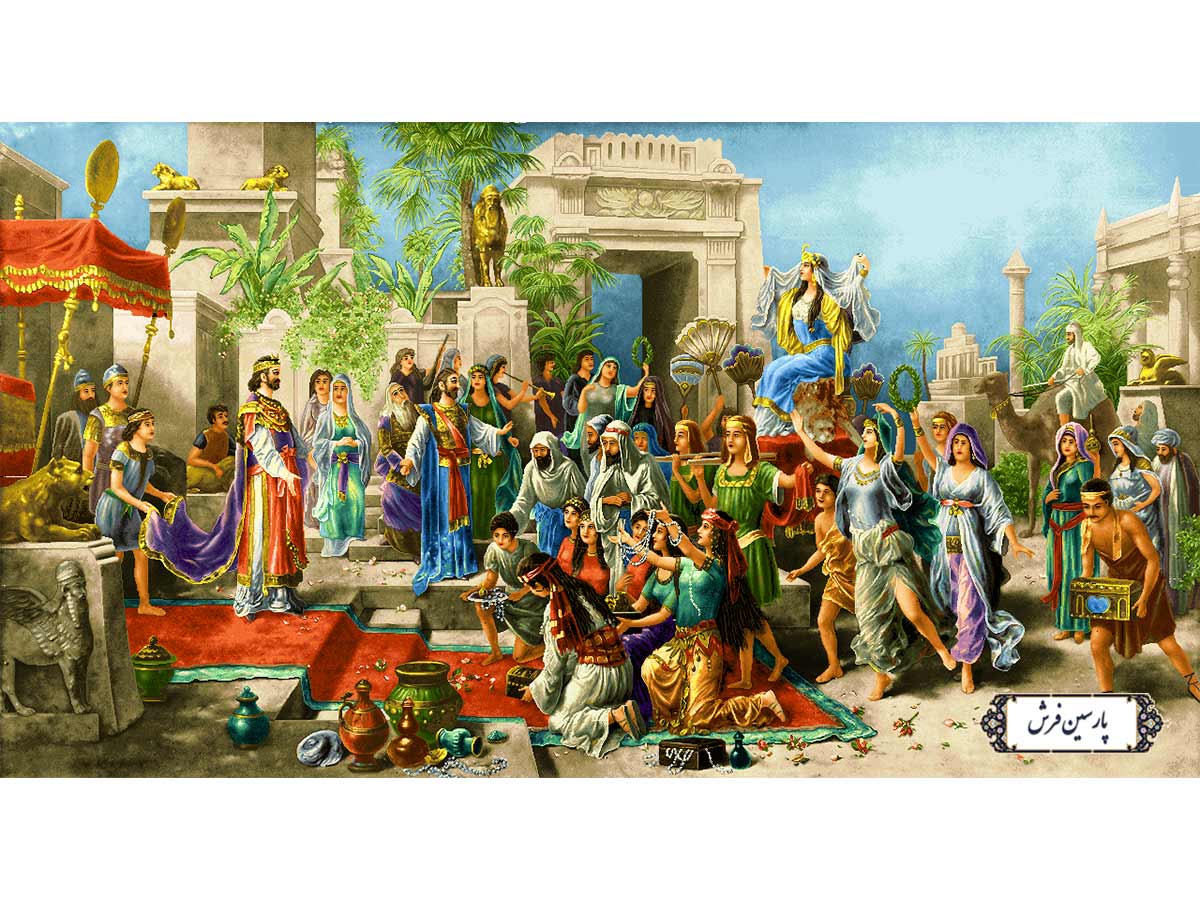 نخ و نقشه تابلو فرش تاجگذاری حضرت سلیمان و ملکه سبا