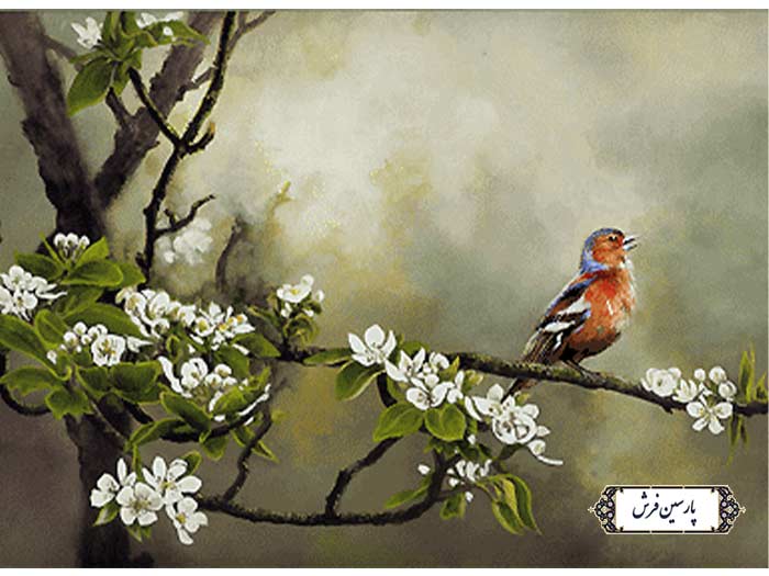 نخ-و-نقشه-تابلو-فرش-پرنده-روی-شاخه نخ و نقشه تابلو فرش پرنده روی شاخه