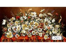 نخ و نقشه تابلو فرش دسته گل روی میز