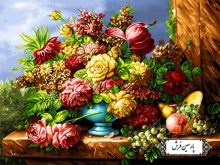 نخ و نقشه تابلو فرش گلدان و میوه