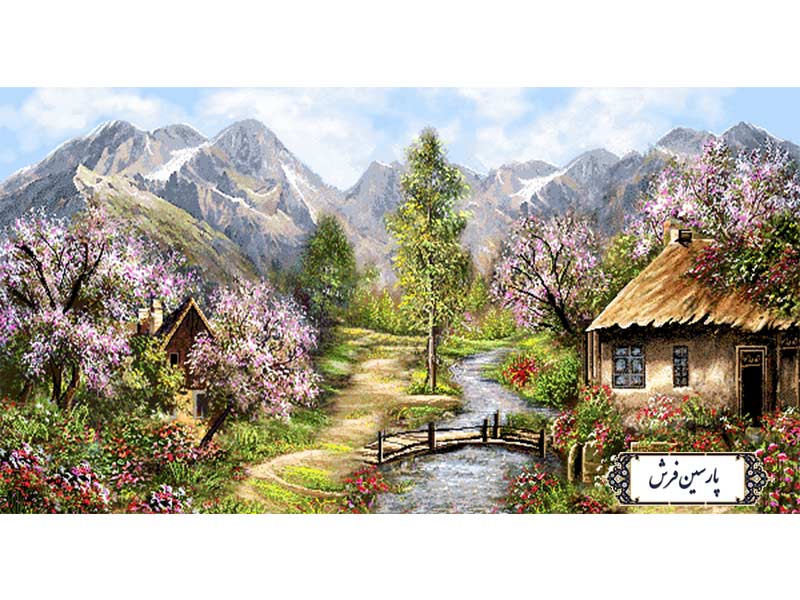 نخ-و-نقشه-تابلو-فرش-منظره-دهکده-در-بهار-NV943 نخ و نقشه تابلو فرش منظره دهکده در بهار - کد NV943